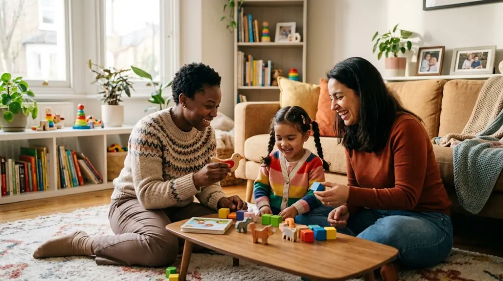 Caregiver and child sharing a warm, joyful moment at home