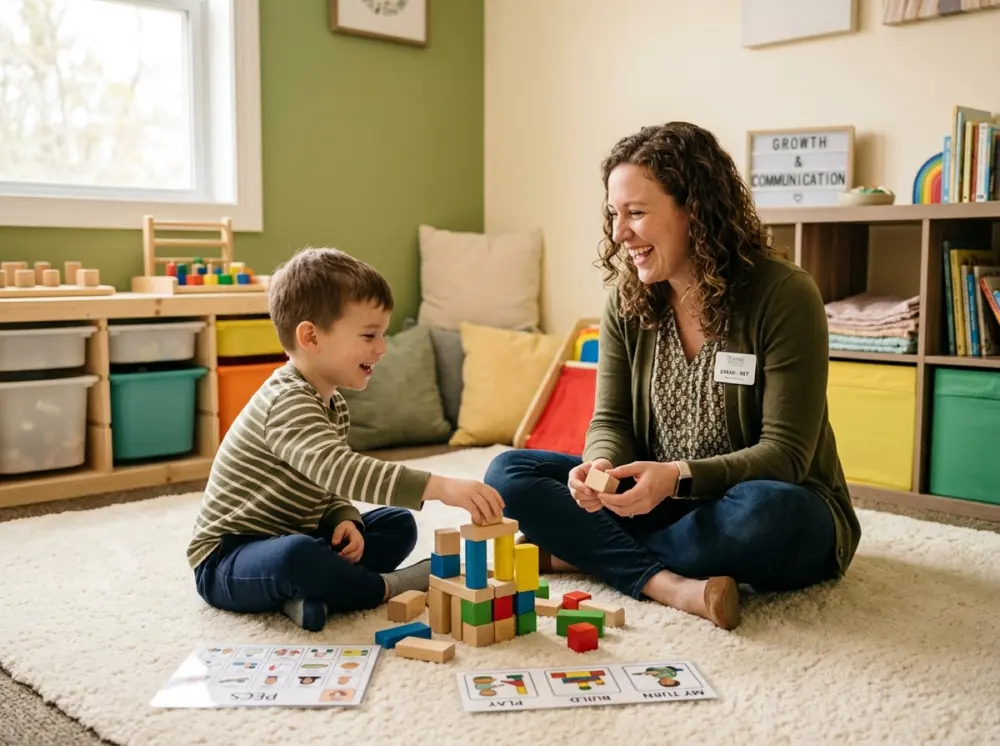 An AVO clinician supporting a child through play and assent-based positive reinforcement. Illustrative photo.
